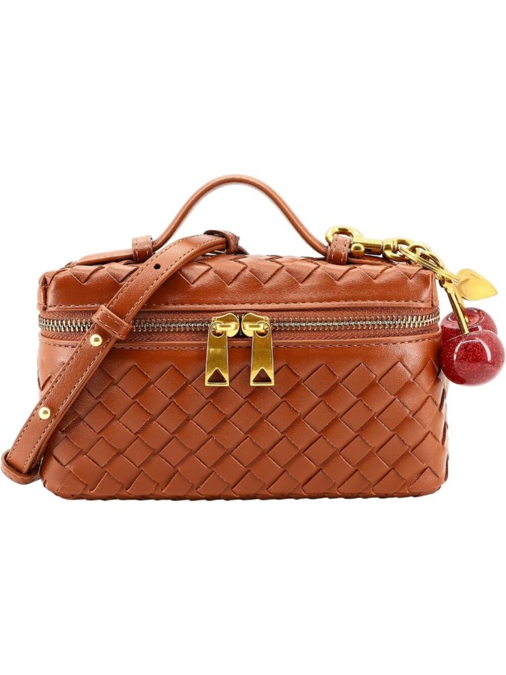 Chic Small Woven Crossbody Bag for Women | Mini Leather Clutch with Cherry Charm